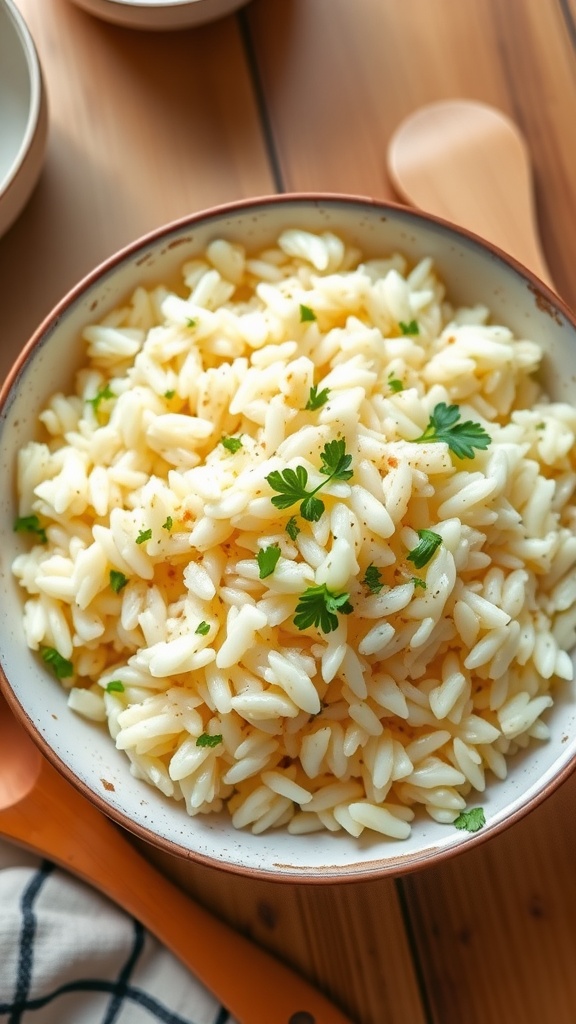 A bowl of garlic butter rice garnished with parsley, served on a dining table.